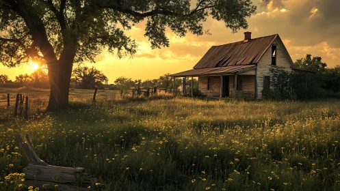 Weathered farmhouse glows under golden rural sunset sky.