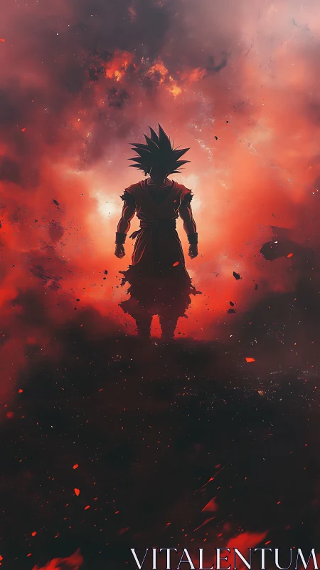 Silhouetted warrior stands before burning cosmic storm