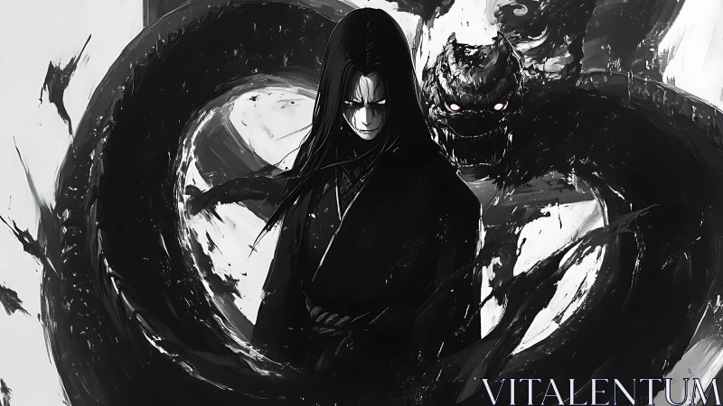 Dark robed figure stands before swirling shadow creature