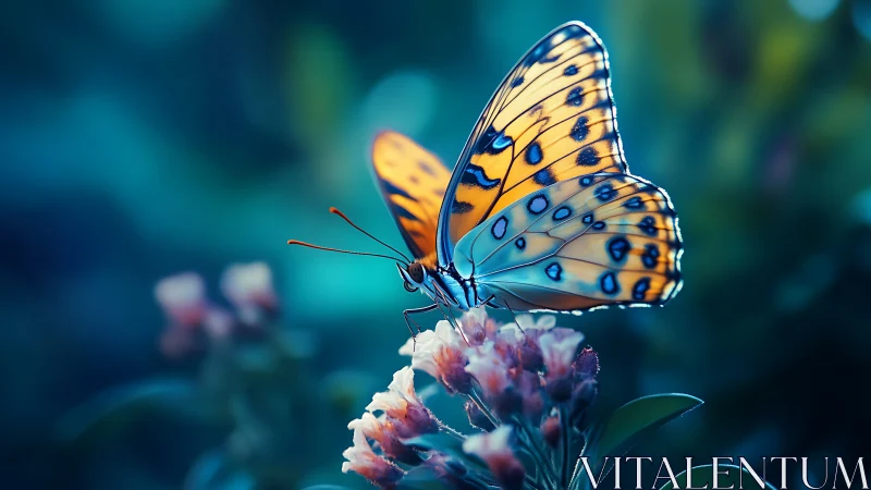 Gentle butterfly pauses on soft blossoms in quiet evening light