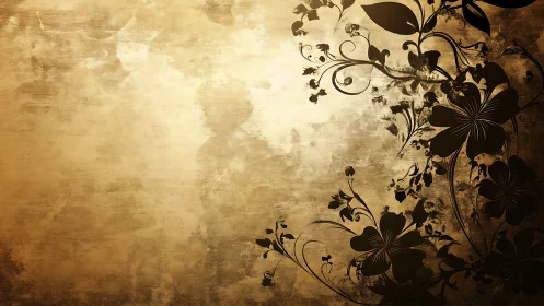 Floral silhouettes on textured golden abstract background.