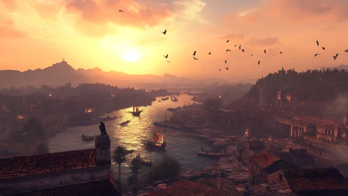 Sunlit ancient river city glows under expansive orange sky