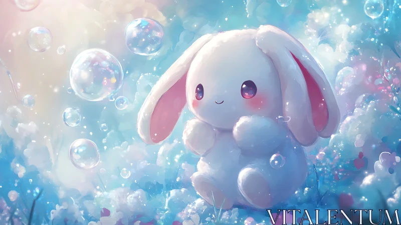 Soft white bunny among bubbles in pastel light field.