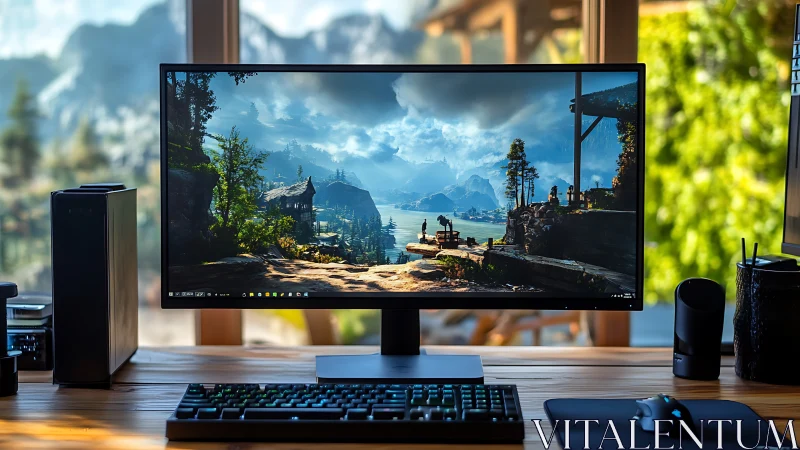 Photorealistic dual-world desktop gaming workstation scene.