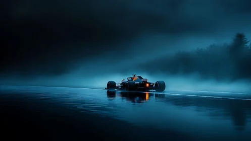 Formula car cuts through blue mist on a wet night circuit