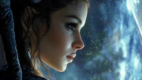 Fantasy elf girl in profile against glowing night sky.