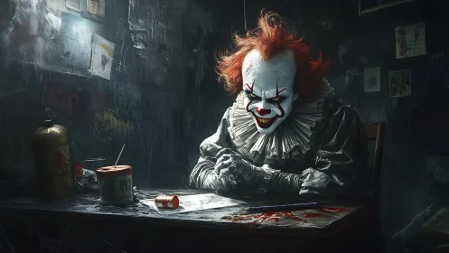 Cinematic horror portrait of sinister clown at bloodstained desk.