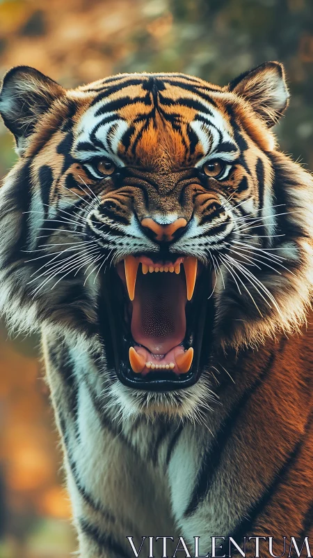 Roaring ember-striped tiger framed in wild golden hush.