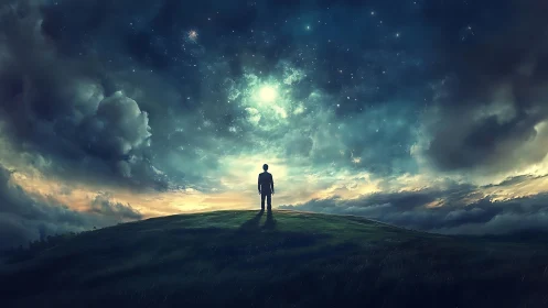 Digital painting of lone figure under luminous cosmic sky.