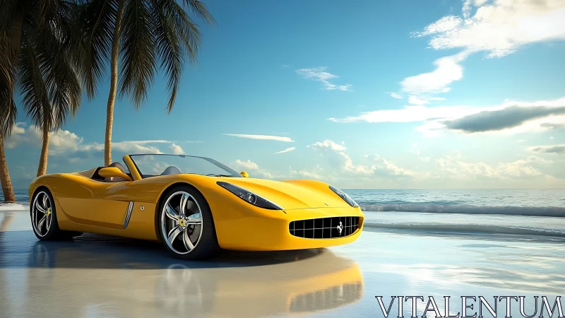 Photoreal roadster on reflective tropical shoreline at dusk.