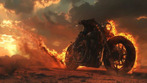 Flaming cyber-noir motorcycle charges through scorched desert