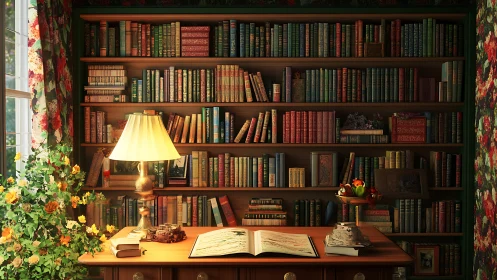 Lamp lit library nook where quiet stories bloom at dusk.