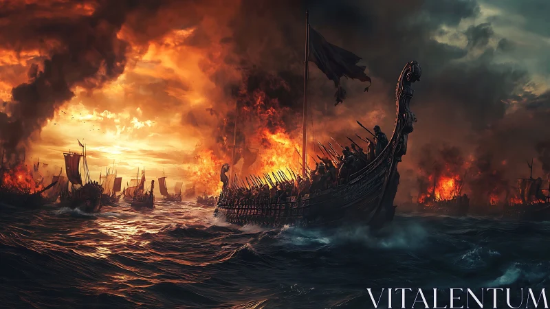 Viking longships advance through burning coastal waters at dusk