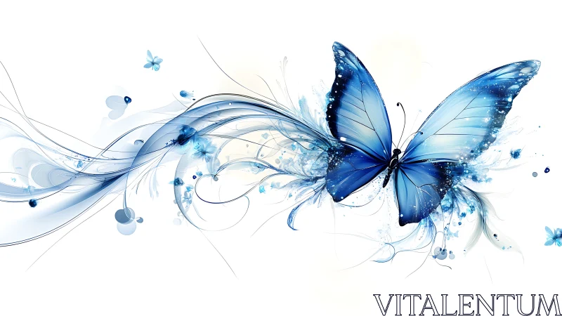 Digital blue butterfly integrates with abstract flowing forms