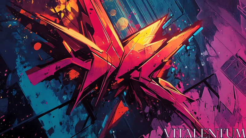 Neon angular graffiti burst with cyan and magenta motion fields.