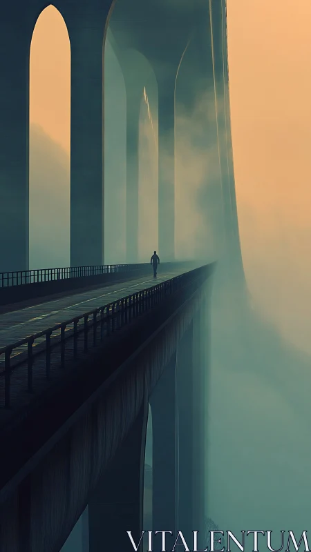 Solitary figure crosses mist-shrouded bridge at sunrise.