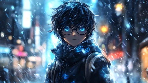 Blue-eyed anime teen stands in neon snowstormed city street