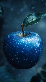 Blue apple hangs in mist with water droplets glistening