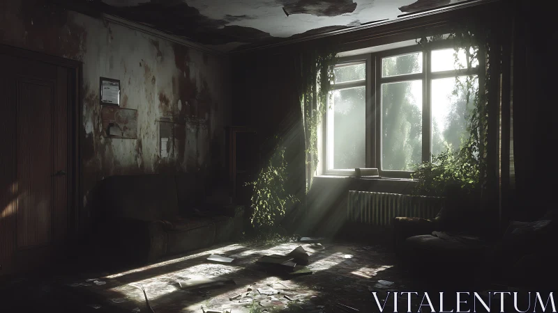 Sunlit vines reclaim a forgotten living room hushfully.