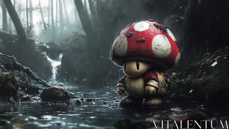 Photoreal 3D mushroom-creature in cinematic rainy forest scene.