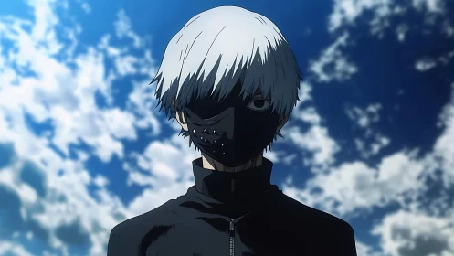 White haired masked anime figure under cloudy sky.