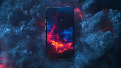 Bezel-less smartphone floating in nebula-like volumetric smoke