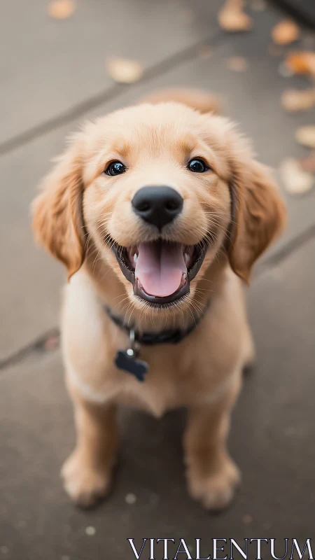 Golden retriever puppy smiles brightly on city sidewalk