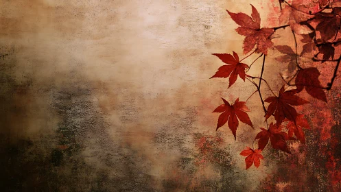 Red maple leaves hang against textured tan and brown wall