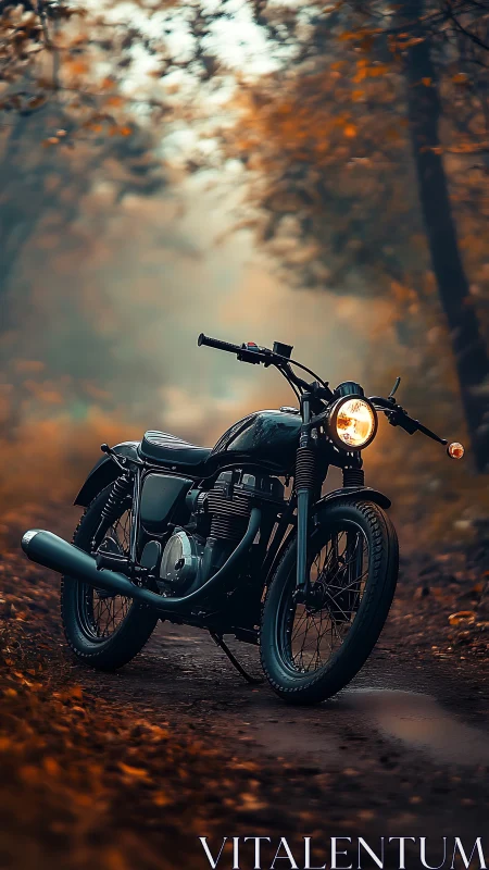 Solitary vintage motorcycle hums quietly through autumn fog