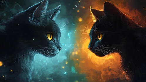 Two Black Cats with Glowing Eyes: Mystical Digital Art.