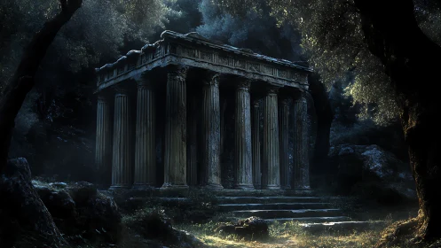 Moonlit ancient temple stands forgotten in a shadowed grove