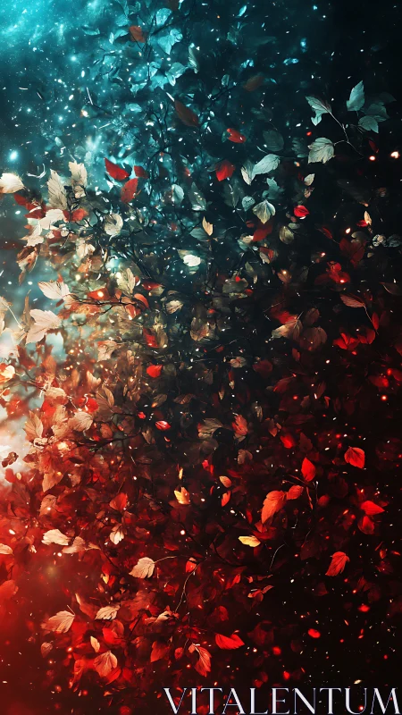 Autumn leaves swirl through dual-toned cosmic light field