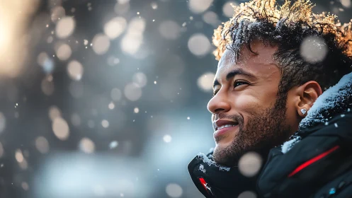 Winter portrait of smiling man in snowfall with shallow bokeh.