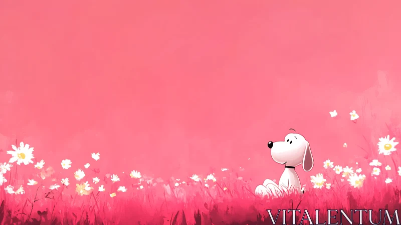 Cartoon dog resting in pink daisy field under wide sky.