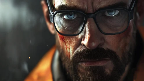 Storm-lit scientist locks his stare on unseen catastrophe