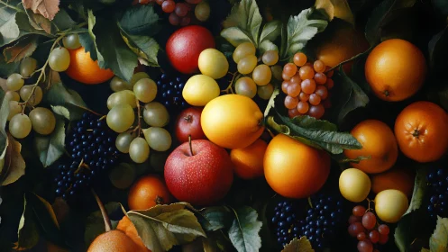 Mixed fruit still life shows apples, citrus, grapes and leaves