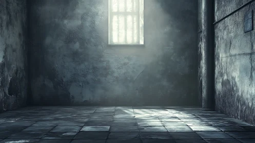 Light through barred window in bleak concrete chamber.