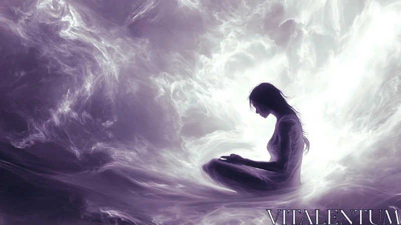 Digital painting of meditative silhouette in luminous mist field.