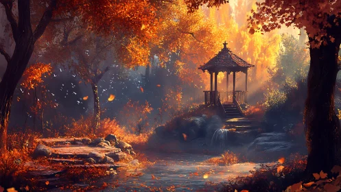 Sunlit forest gazebo glows in a tranquil autumn sanctuary