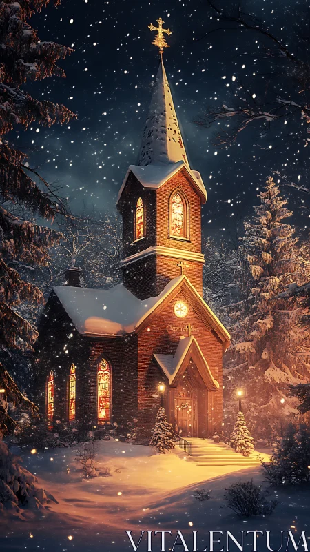 Snowy brick church at night with warm stained glass glow.