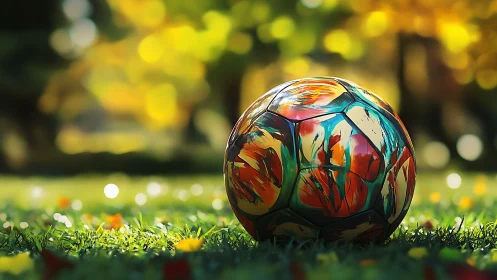 Painted soccer ball rests on grass in vivid autumn bokeh
