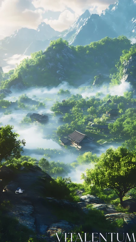 Misty mountain valley shelters tranquil temple rooftops at dawn.
