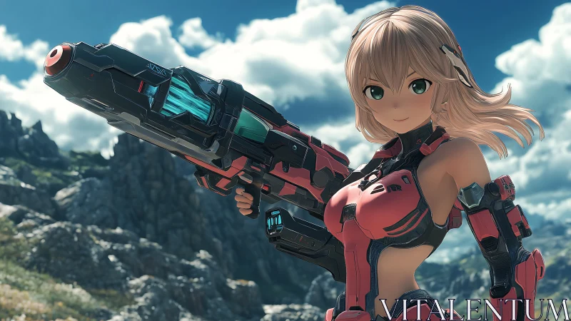 Armored anime heroine steadies a massive sci fi railgun outdoors