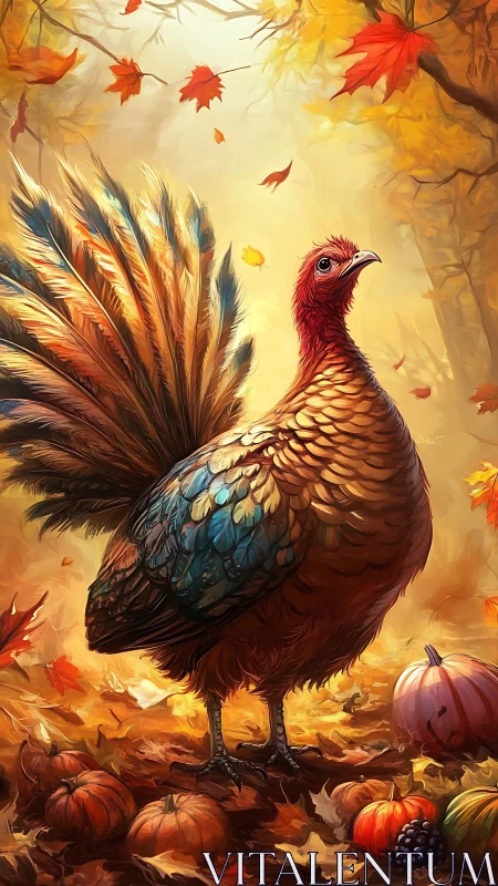 Autumn turkey portrait with radiant plumage and pumpkins.