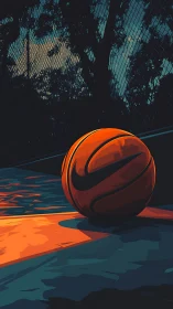 Lone basketball on neon court at dusk in stylized colors.