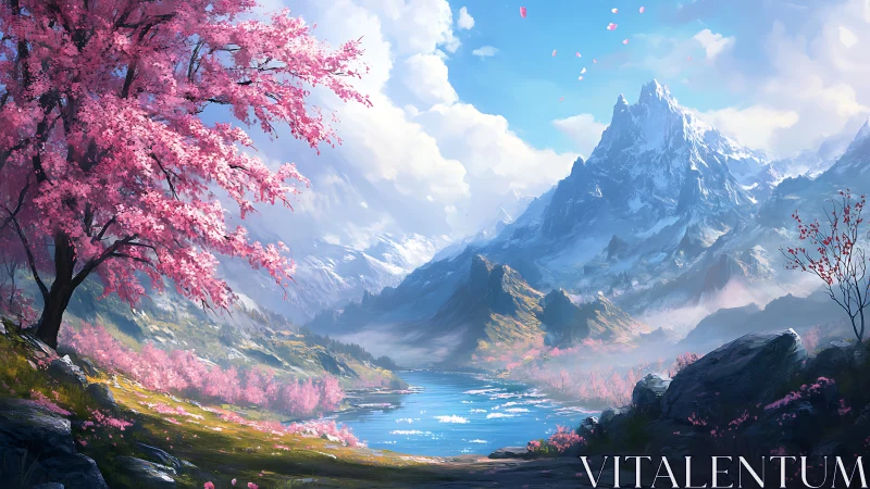 Digital painting of alpine lake beneath cherry blossom ridge.