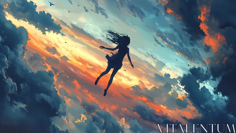 Silhouette of floating girl amid turbulent sunset cumulonimbus