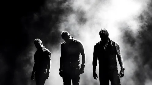 Three silhouetted figures stand in dense stage fog lighting