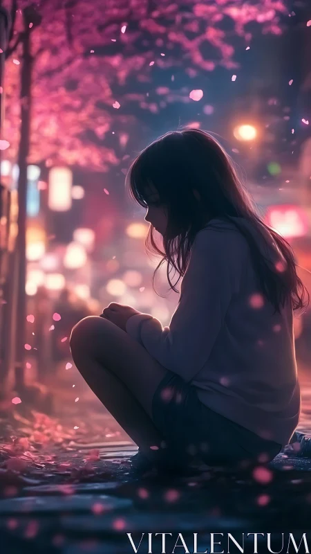 Melancholy girl rests beneath glowing cherry blossoms at dusk.