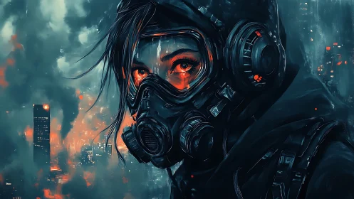 Hooded sentinel studies the burning city through storm-bright eyes